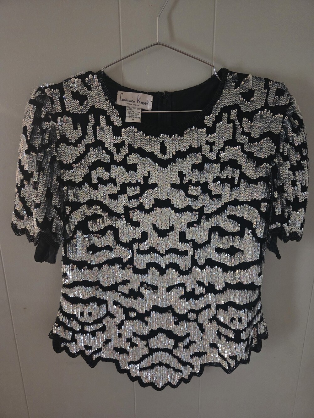 Laurence Kazar Black Sequin Short Sleeve Blouse with Silver Motif